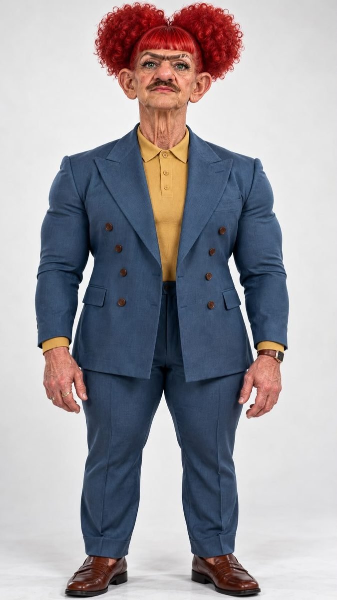 Doña Bigotes de cuerpo completo: pelo rojo rizado en dos moños, bigote, traje azul cruzado y camisa amarilla mostaza